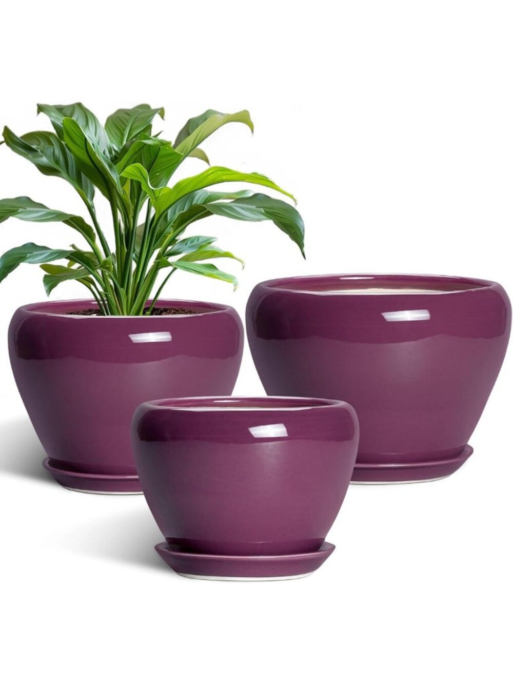 Set of 3 Ceramic Plant Pots with Drainage - Indoor/Outdoor Round Planters